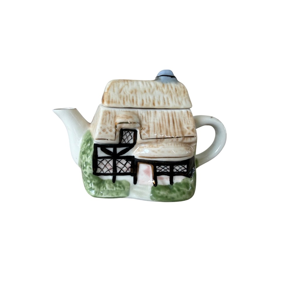Cottage Teapot Small Multicolor Excellent Thatched Roof Decor